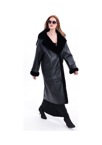 M M Marki Marki Kadın Hakiki Deri Uzun Palto Siyah Oversize Kruvaze Düğmeli İçi Kürklü 115 Cm M M Marki Marki Kadın Hakiki Deri Uzun Palto Siyah Oversize Kruvaze Düğmeli İçi Kürklü 115 Cm
