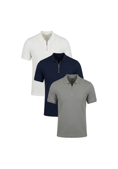 Buratti Pamuklu Regular Fit Yarım Fermuarlı 3'Lü Paket Erkek Polo Yaka T Shirt 5902738S3 Ekru-Açık Haki-Indigo
