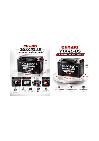 Chyibo Ytx4l-bs 12v 4ah Motosiklet Aküsü 1 Koli 10 Adet 113 70 85