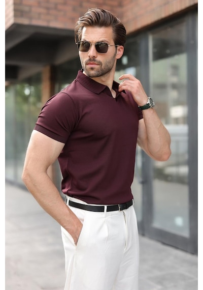Madmext Mürdüm Regular Fit Polo Yaka Triko Erkek Tişört E7502
