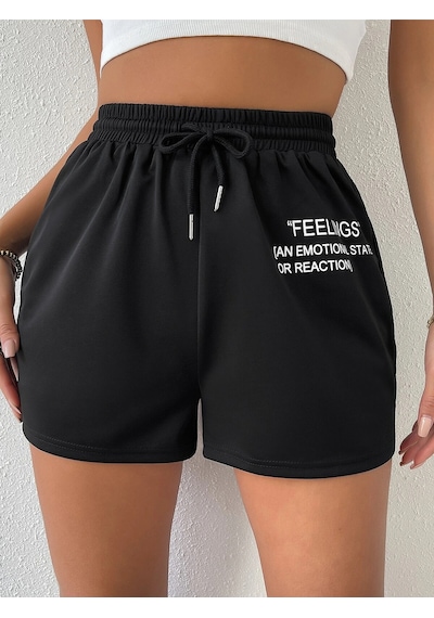 Drawstring Waist Slogan Graphic Track Şort Siyah