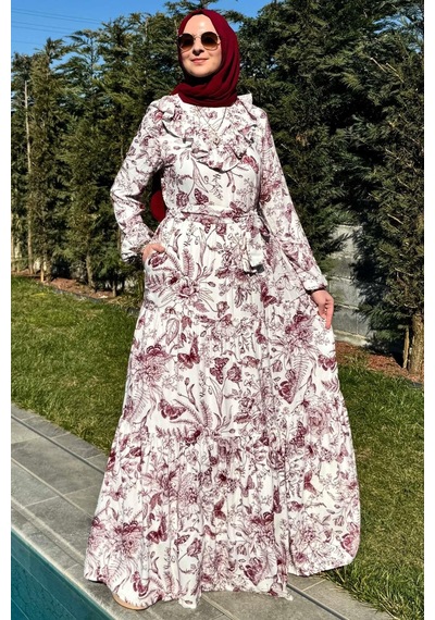 Rabia Şamlı Botanik Elbise Bordo Normal