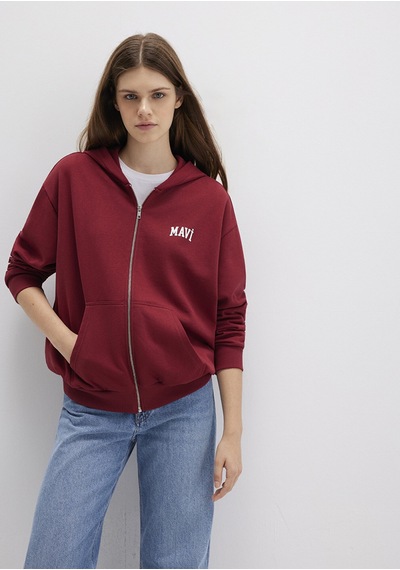 Mavi - Mavi Logo Baskılı Kapüşonlu Fermuarlı Bordo Sweatshirt 1s10178-85493 Bordo