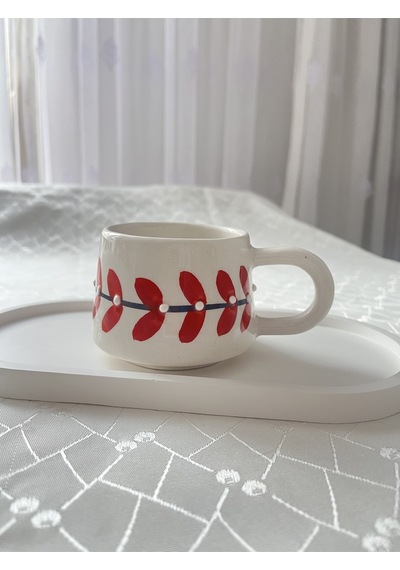 Kırmızı Yaprak Desenli Kupa Bardak Çay Kahve Fincanı Kırmızı