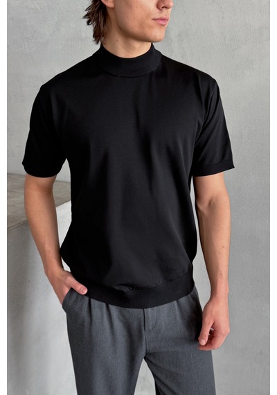 Erkek Oversize Yarım Balıkçı Triko T-shirt Siyah