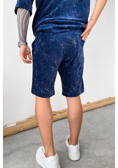 İndigo İnce Fitilli Batik Desen Relaxed Şort İndigo