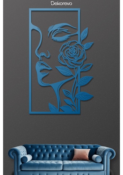 Kadın Ve Gül Metal Duvar Tablosu - Metal Duvar Sanatı - Mavi - 30 X 50 Cm