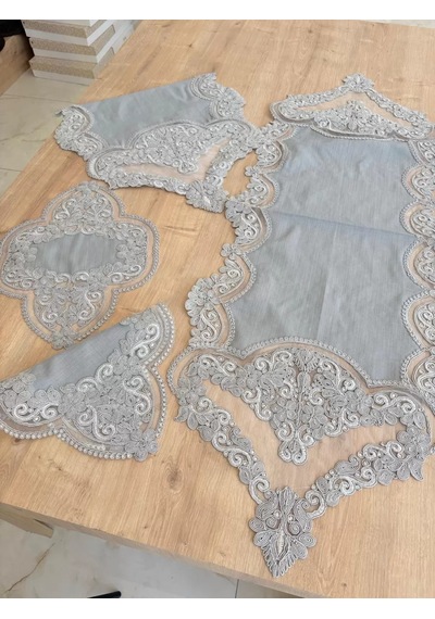 Salon Takımı Çeyizlik Gri Runner Set 5 Parça Keten Masa Örtüsü Runneri Gerdan Çok Renkli