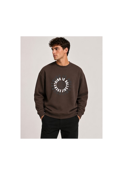 Herkesemoda Everything Baskılı Bisiklet Yaka Şardonlu 2 İplik Sweatshirt Kahverengi