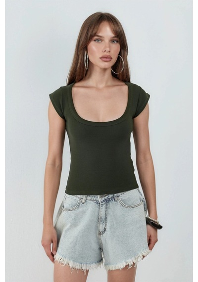 Hiccup Busem Slim Fit Ribana U Yaka Bluz Haki Yeşil