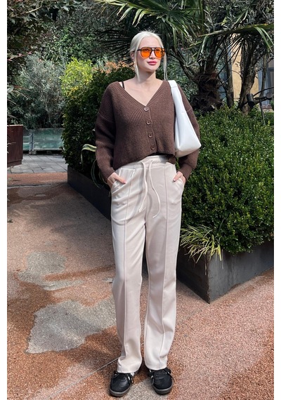 Madmext Bej Beli Ayarlanabilir Geniş Paça Pantolon Mg2215 Bej