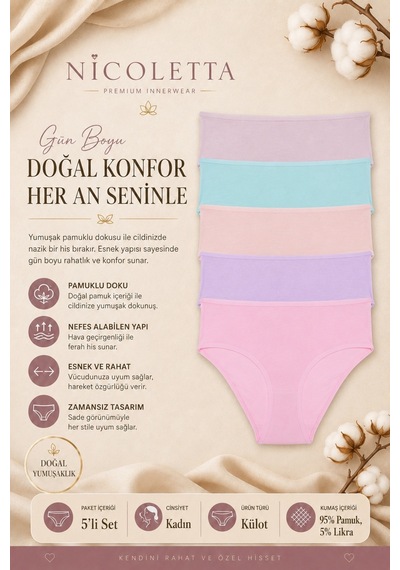 Nicoletta Kadın Külot Yüksek Bel Bikini 5 Li Paket Pamuklu SOMON