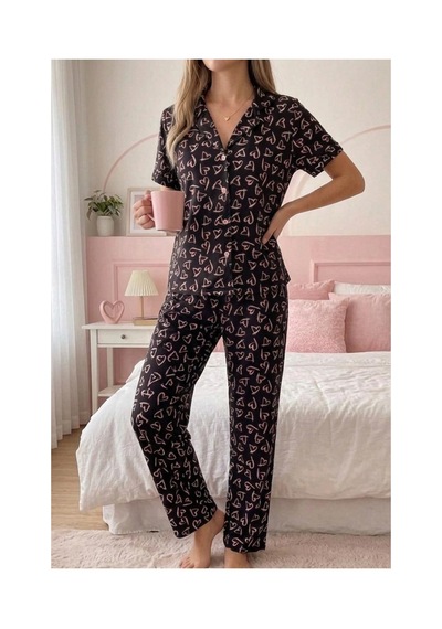 Fit Women Pembe Kalp Desenli Düğmeli Kısa Kollu Pijama Takımı 4590 Siyah