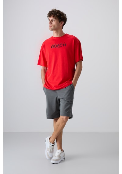 Tommy Life Fiesta Pamuklu Kalın Yumuşak Dokulu Oversize Fit Baskılı Erkek T-shirt - 88329 Kirmizi