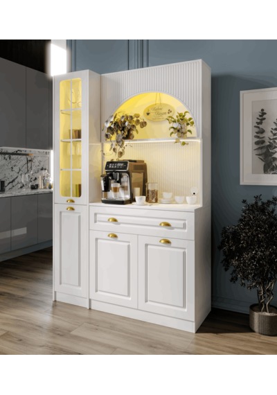 Guneystore Armoni Gold Midi Kahve Köşesi Sol Vitrinli Komple Mdf Beyaz