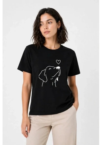 Defymoda Köpek Figürlü Minimal Baskılı Tişört Kısa Kol Yazlık T-shirt - Siyah