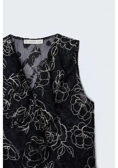 Sateen Nakışlı Fırfır Detaylı Transparan Bluz - Siyah-137678