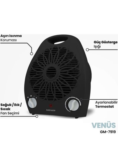 Goldmaster Venüs GM7919S 2000W Isıya Dayanıklı Sıcak Ilık Soğuk Devrilme Emniyetli Isıtıcı Fan Siyah