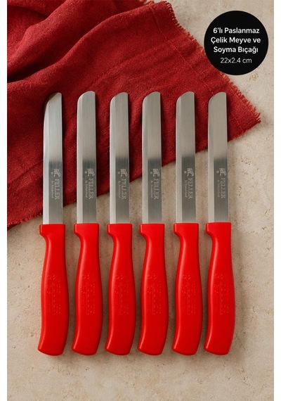 Feller 6'lı Lazer Tırtıklı Paslanmaz Çelik Sebze Meyve Bıçağı 22x2.4 Cm - Kırmızı Saplı Soyma Ve Doğrama Seti