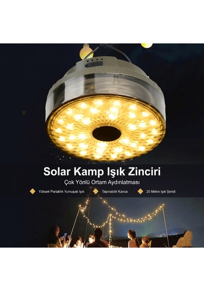 20 Metre Solar Şeritli Kamp Lambası - Gün Işığı Çok Fonksiyonlu Projektör Ve El Feneri Yeşil