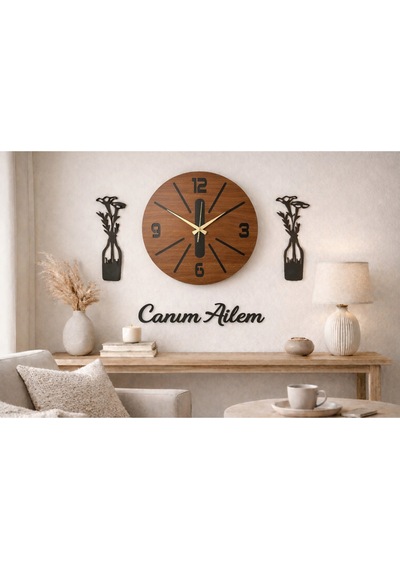 Salon Duvar Saati 40 Cm Çiçekler 30 Cm Canım Ailem Temalı No34 Çok Renkli