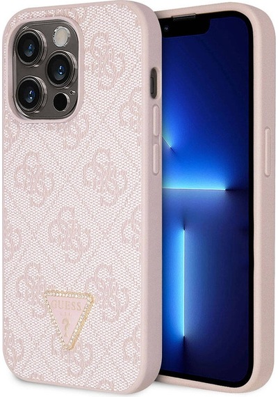 Apple Uyumlu iPhone 14 Pro Max Kılıf Guess Lisanslı Pu Deri Taşlı Üçgen Logo 4g Desen Kapak