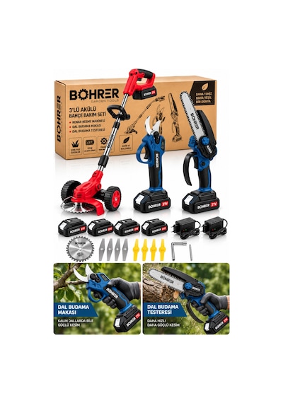 Böhrer Ba0115408 3 Lü Akülü Bahçe Bakım Seti Kenar Kesme Makinesi, Dal Budama Makası Ve Zincirli Dal Budama Testeresi 4 Akü 2 Şarj