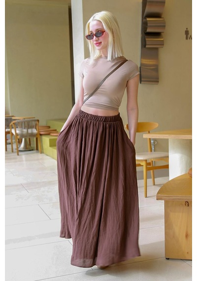 Madmext Kahverengi Vual Kumaş Basic Kadın Uzun Boy Kadın Etek Mg2366 Kahverengi