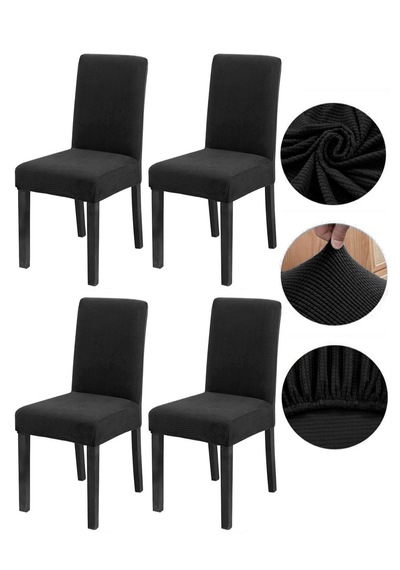 Bambu Nano Kumaş Likralı Lastikli Sandalye Kılıfı Yıkanabilir Esnek Sandalye Örtüsü 4 Lü Set Siyah