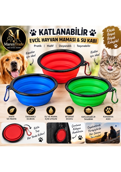 Katlanabilir Silikon Mama Ve Su Kabı Köpek & Kedi Seyahat Kabı Karabinalı Taşınabilir Kap