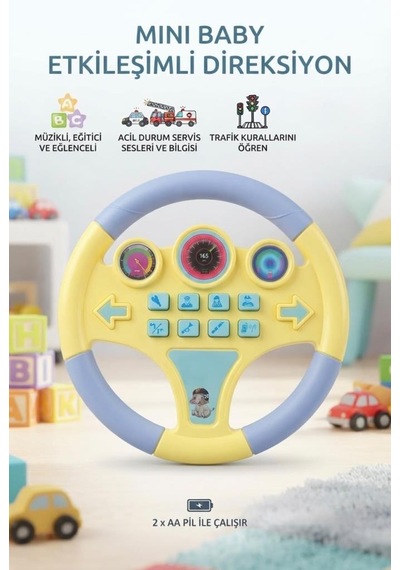 Eğitici ve Müzikli Pilli Trafik Eğitim Direksiyonu - Sesli ve Işıklı 8 Tuşlu Oyuncak Çok Renkli