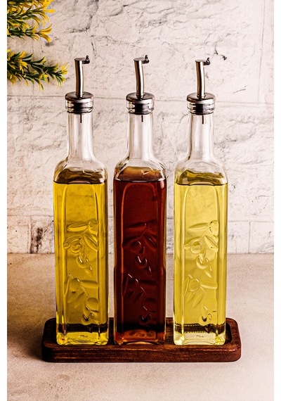 Snippy Safir - Ahşap Standlı 3'lü Cam Damlatmaz Yağlık Sirkelik Zeytinyağı Sıvıyağ Şişesi Yağlık 500ml Ahşap