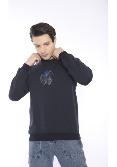 Escetic Erkek Spor Slimfit, Bisiklet Yaka Lacivert Sweatshirt-426 Lacivert