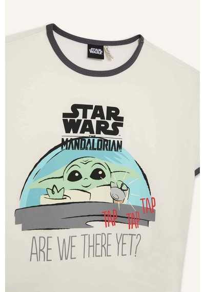 DeFacto Kız Çocuk Star Wars-Mandalorian Relax Fit Bisiklet Yaka Ribana Kısa Kollu Tişört E0478A825SPER99 Ekru