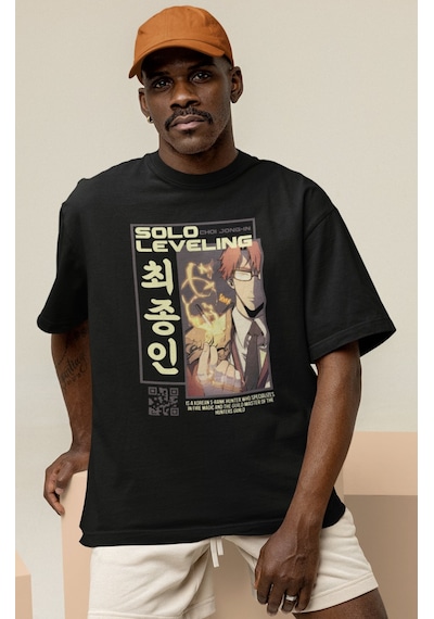 Solo Leveling Choi Jong-ın Baskılı Unisex Oversize Anime Karakter Siyah
