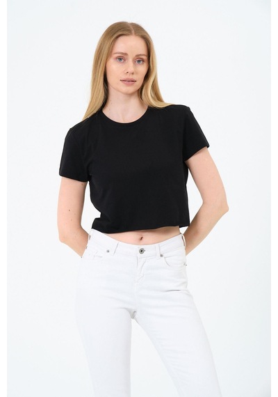 Kadın Siyah Kısa Kollu Oversize Crop - Pamuklu Basic Rahat Kesim T-shirt Çok Renkli