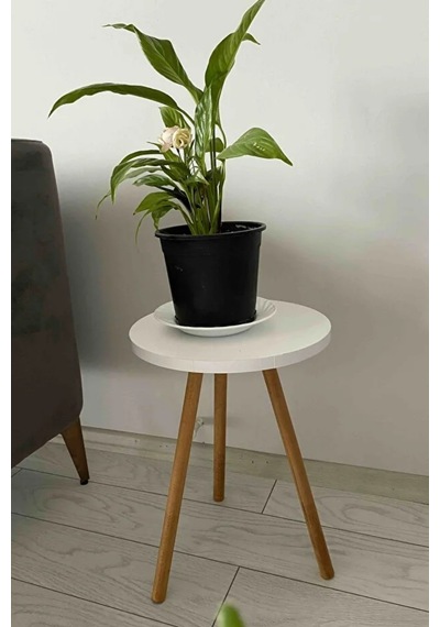 Tekli Yan Sehpa Çiçeklik Saksılık Standı Dekoratif Yan Sehpa Seti Ahşap Ayaklı 33 Cm Çap - Beyaz Beyaz