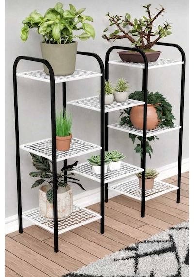 Metal Çiçeklik Ve Saksı Standı Raflı Bitki Rafı, Bahçe Ve Balkon İçin Modern Saksılık Dolap Beyaz 8 Raflı
