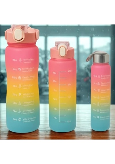 3 Lü Renkli Suluk Seti Motivasyonlu Spor Matara Seti 2l, 900ml Ve 300ml Su Şişesi Sızdırmaz, Dayanıklı, Şık Tasarım Pembe-sarı 0