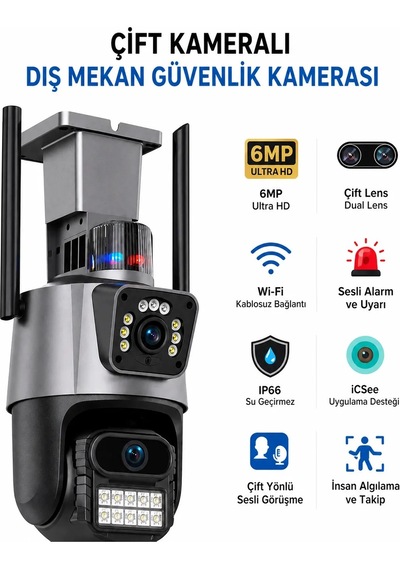 8 Mp 4k Full Hd Çift Lensi Alarmlı Su Geçirmez Dış Mekan Güvenlik Kamerası