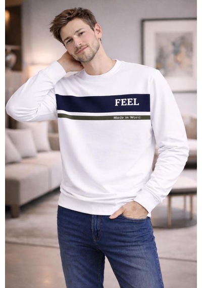 The Feel Marcel Erkek Regular Fit Bisiklet Yaka İnce Sweatshirt Beyaz