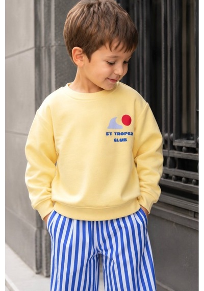 Çocuk Baskılı Sweatshirt Ve Çizgili Eşofman Takım Sarı