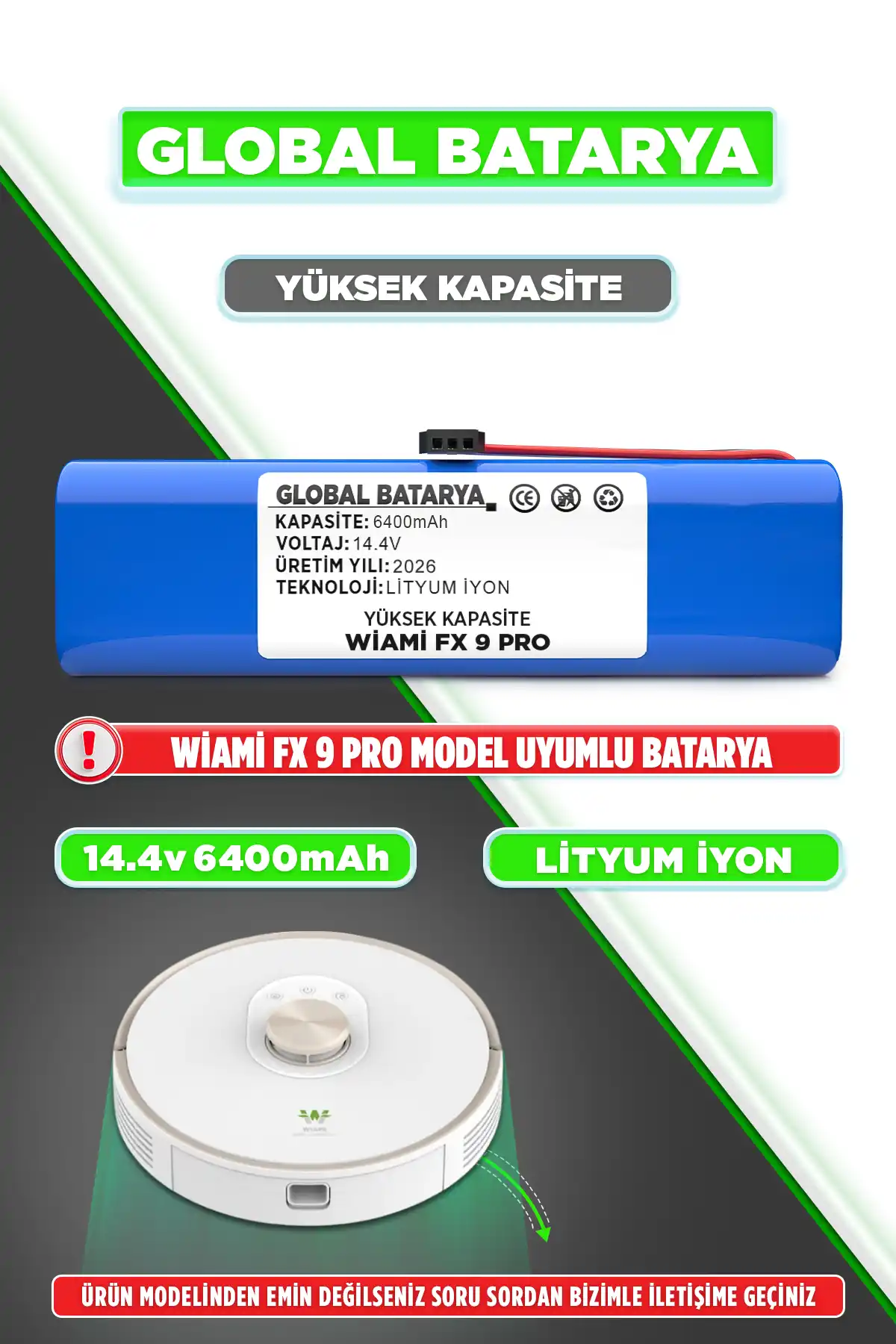 Wiami Fx9 Pro Robot Süpürge 14.4v 6400mah Li-ion Pil Batarya Yüksek Kapasite