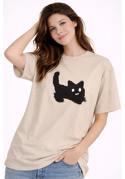 Nevermind Unisex Oversize Tişört Kedi Baskılı Minimal Tasarım Pamuk Bej