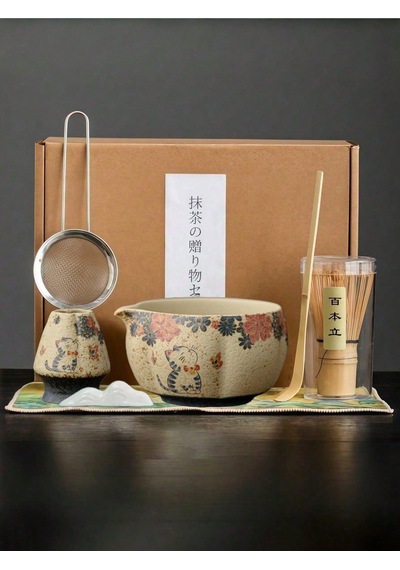 Valkyrie Kedili 6 Parça Matcha Seti Chasen Çırpıcı Chawan Kase Chashaku Kaşık Stand Ve Süzgeç Krem