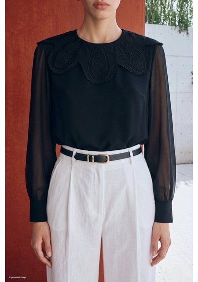 Sateen Yaka Detaylı Bluz - Siyah-137965