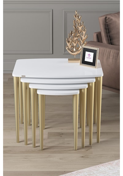 Canisa Concept Anka Serisi Mdf 1.sınıf 4lü Zigon Sehpa Takımı Beyaz / Gold Beyaz - Altın