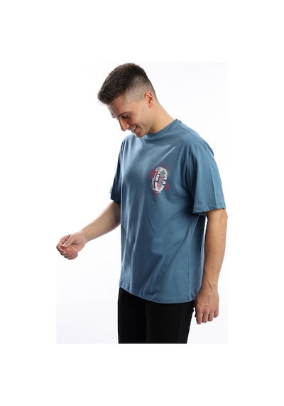 Erkek Oversize Fit Ön Arka Baskılı Basic Tişört İndigo