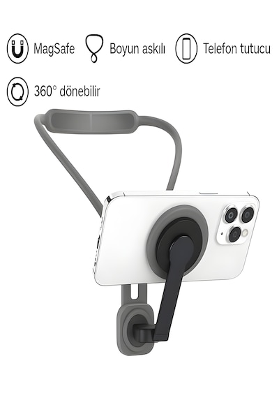 360 Ayarlanabilir N52 Mıknatıslı Magsafe Boyun Askılı Telefon Tutucu Eller Serbest Kullanım Siyah Siyah