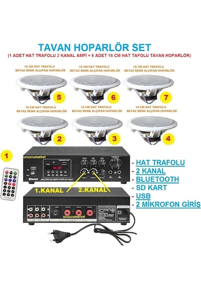 Tavan Hoparlör Seti 1 Adet Hat Trafolu 2 Kanal Amfi + 6 Adet 16 Cm Hat Trafolu Tavan Hoparlör